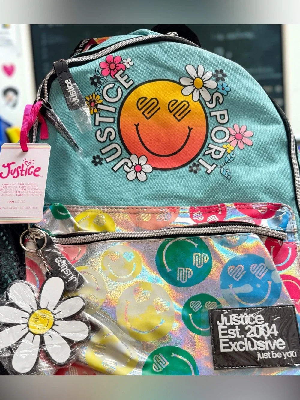Justice Sport Smiles Teal Girls 17” Backpack Bundle Pack NWT